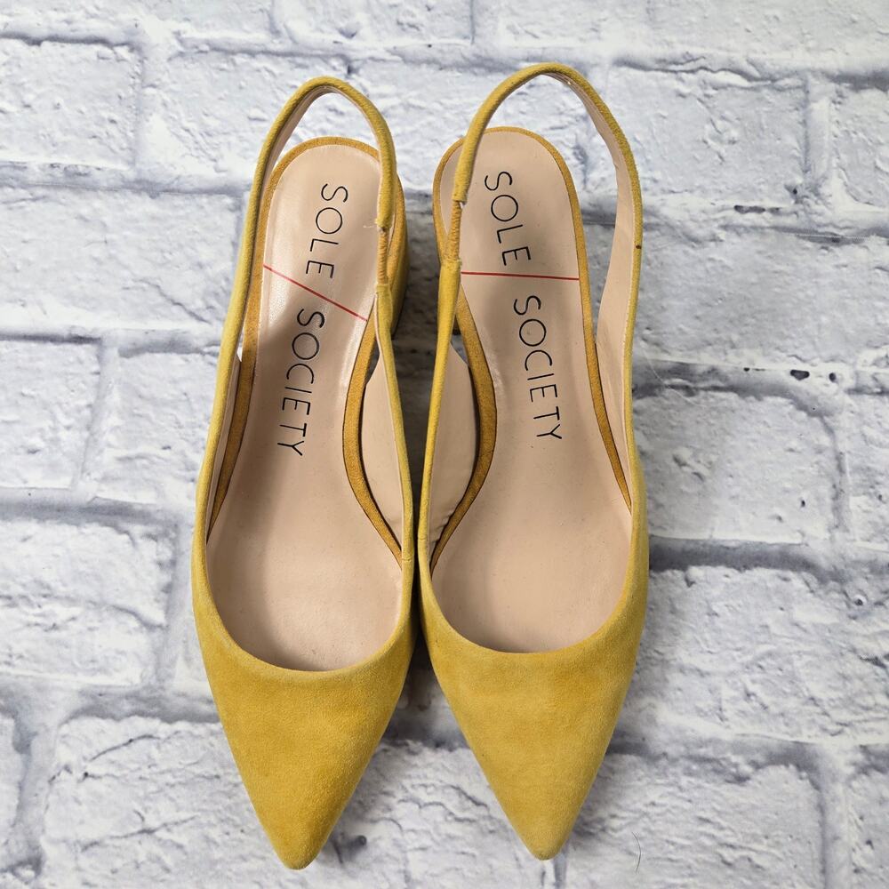 Sole Society Slingback Keilinah Pumps Mustard Suede Covered Heel size 8.5M - Picture 6 of 14